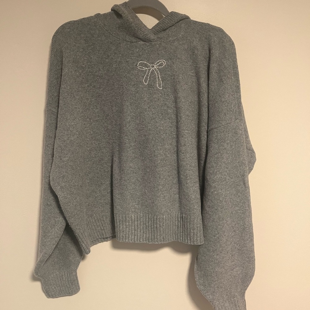 Hollister Light Gray Hooded Knit Sweater with Bow Detail
